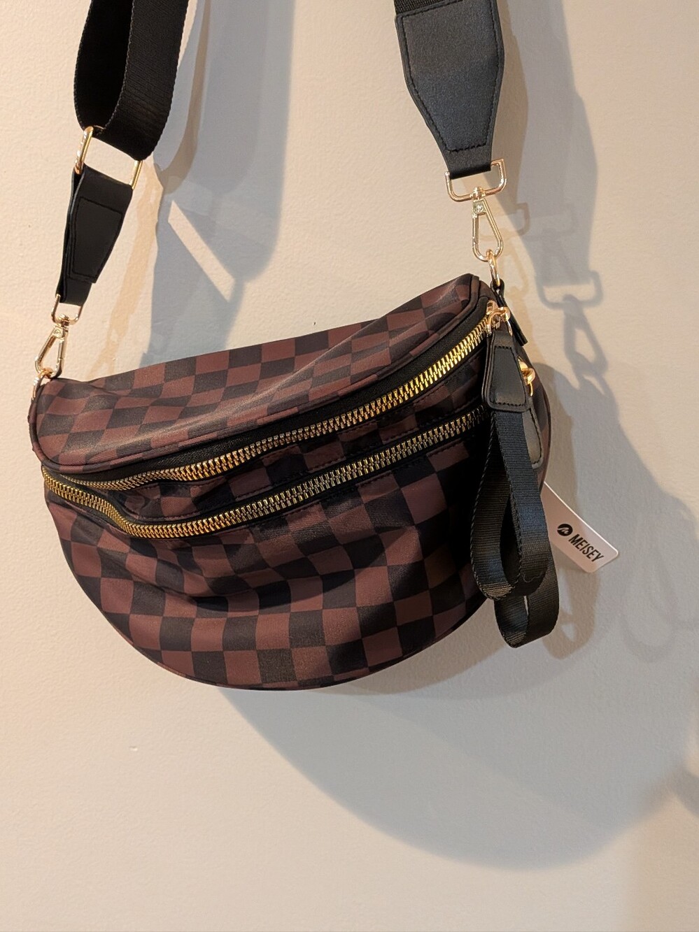 Meisey Dark Brown DAMIER Checkered Crossbody Bag with Gold Hardware-NWT